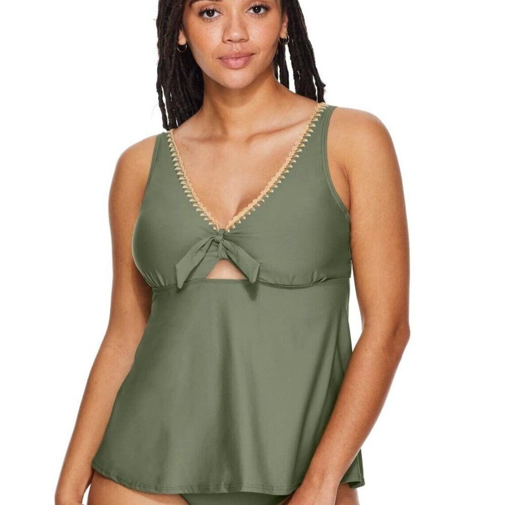Birdsong Size 36DD Underwire Sage Green Crochet Tie Front Tankini Swim Top